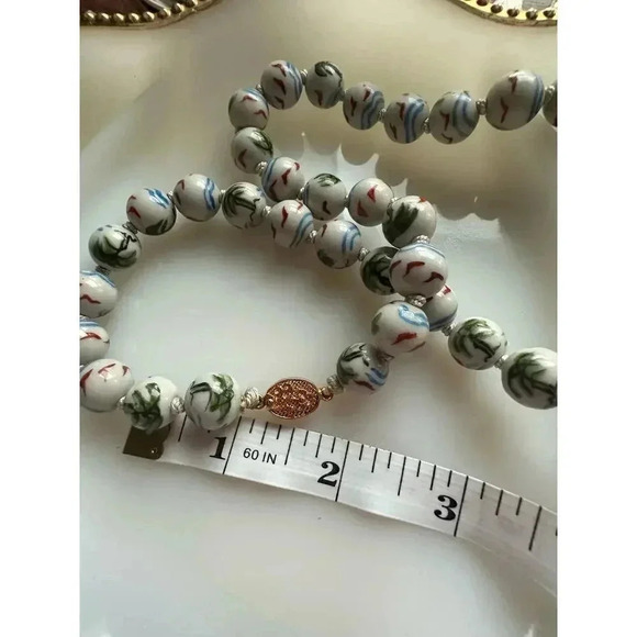 Vintage | Rare | Chinese porcelain hand painted necklace | palm trees & birds - Picture 11 of 15